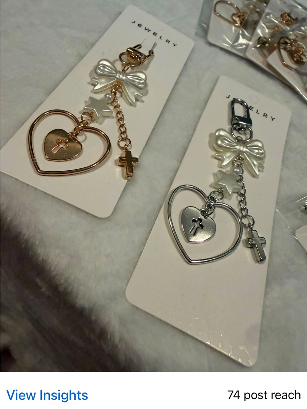 Bow & Heart Cross Charm Keychain - Gold or Silver Finish